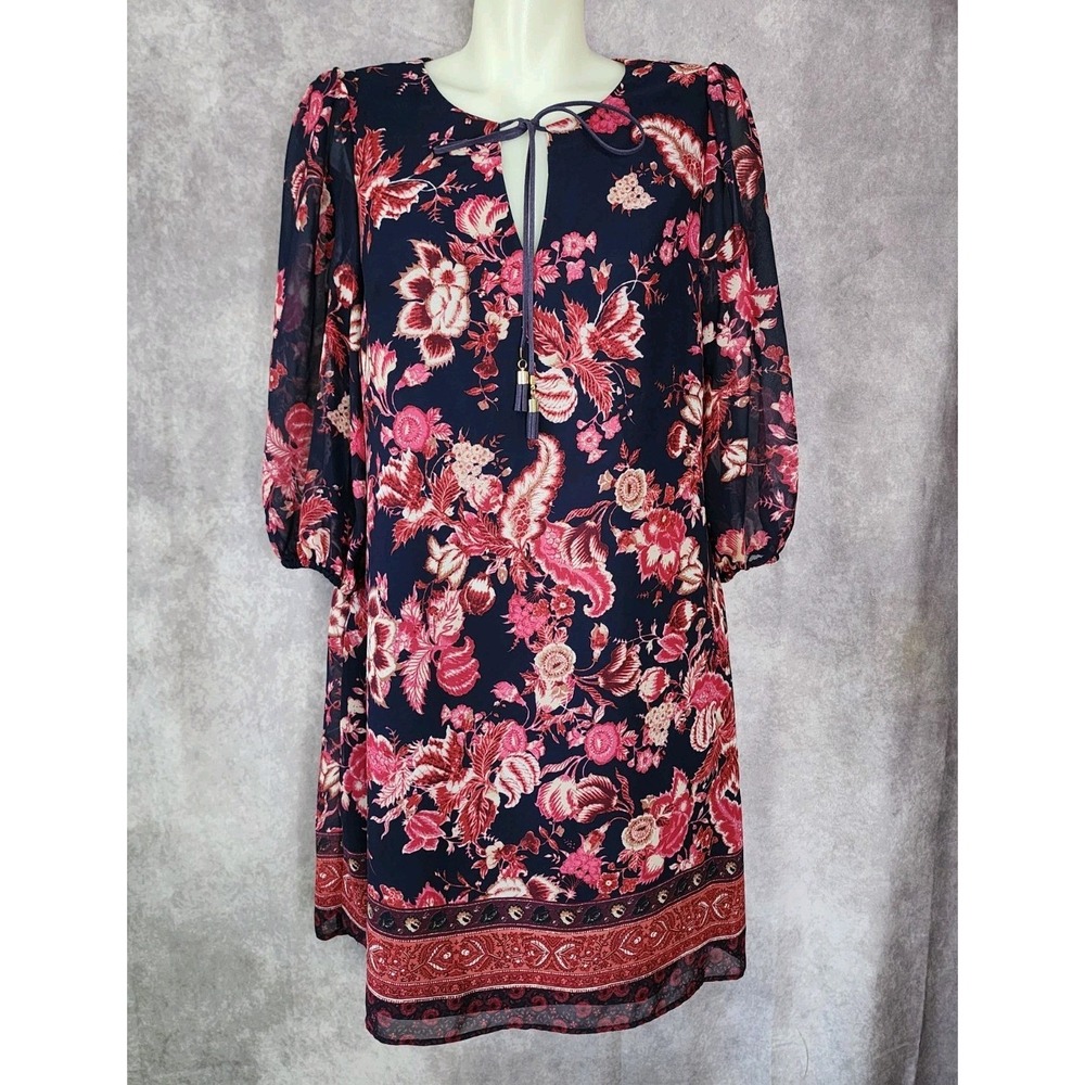 Vince Camuto Womens Size 10 Shift Dress Navy Blue Pink Balloon‎ Sleeve Chiffon
